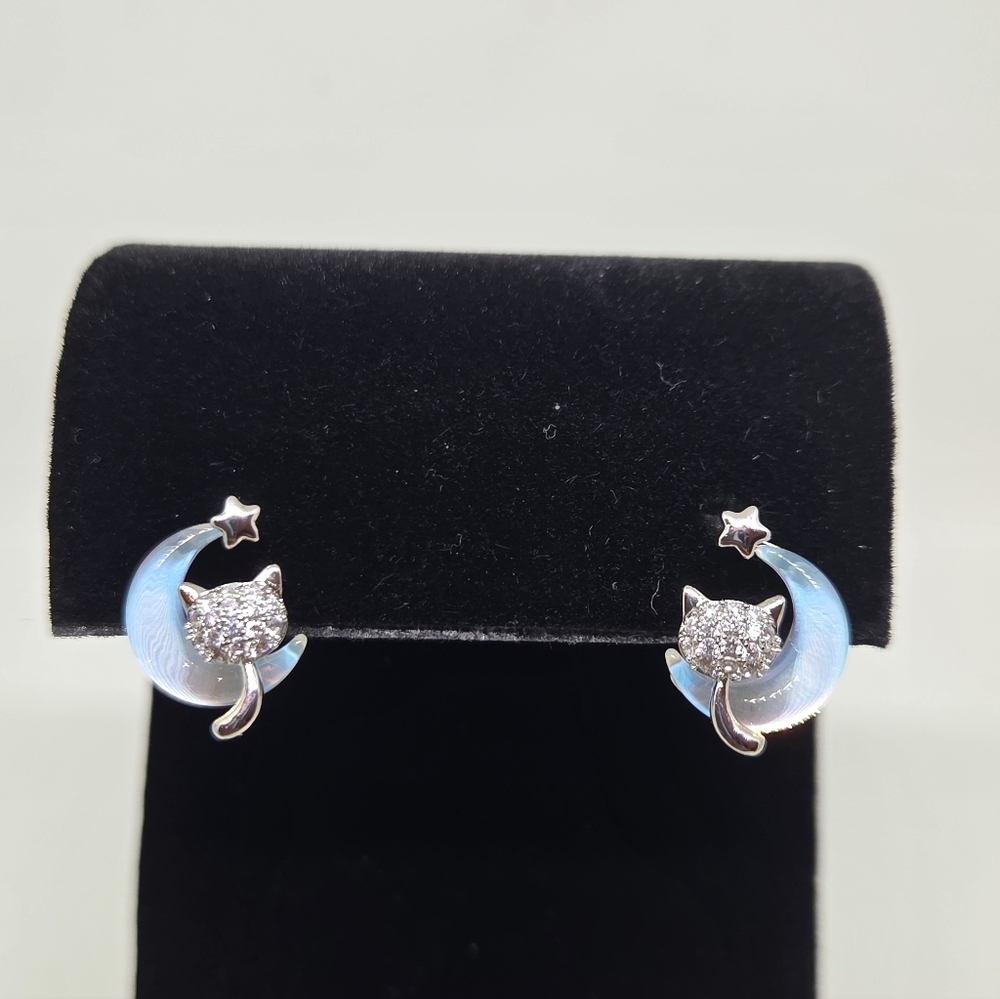 Moveable Celestial Cat and Moon Stud Earrings